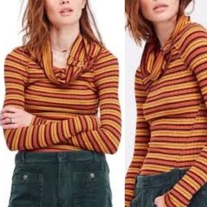 Free People Cowlneck Stripe Ribbed Knit Top Size Women's Small